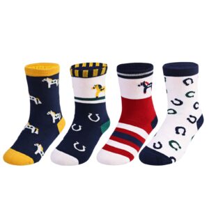 Harrison Howard Breathable & Comfortable Children Horse Pattern Cotton Socks Perfect for Active Equestrian Kids 4/Pack Style 2 - Medium