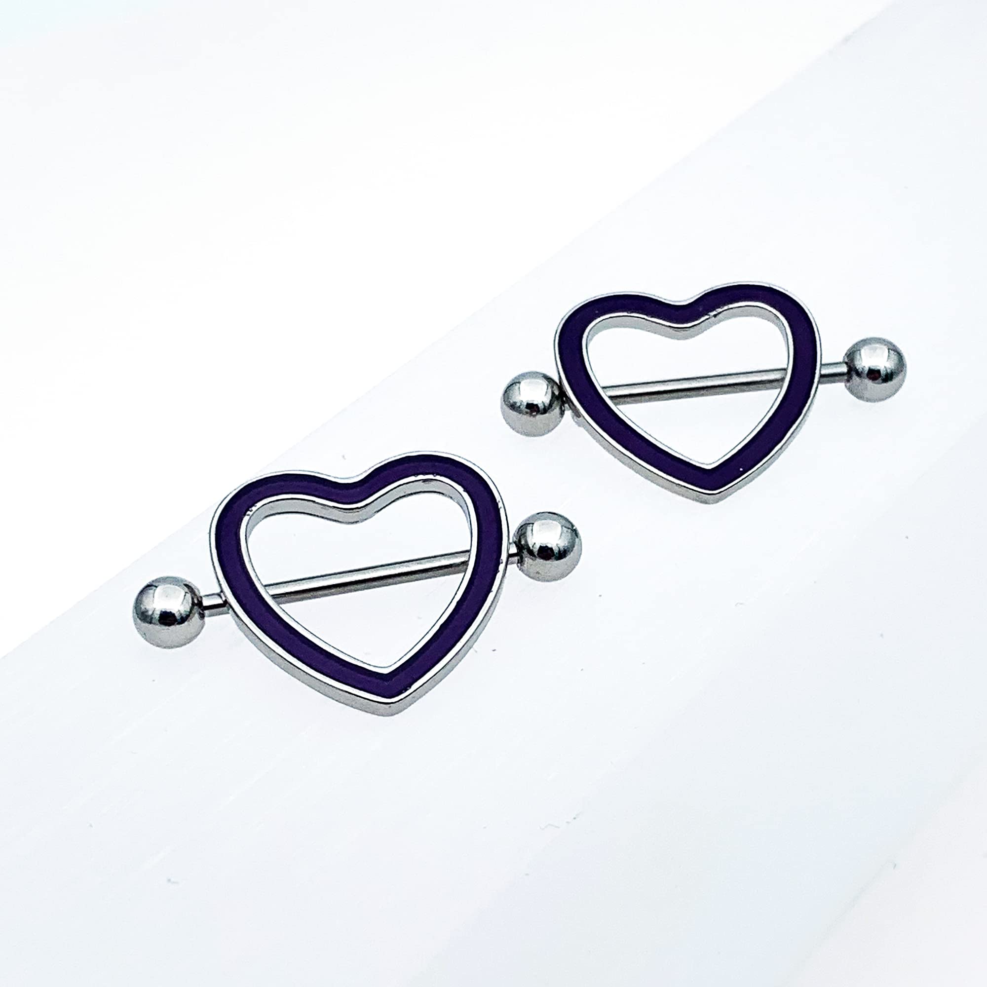 Body Candy 14G Nipple Piercing Jewelry Stainless Steel 2Pc Purple Heart Glow Barbell Nipple Shield 3/4"