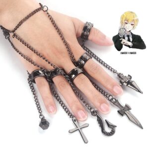 SONGCHANGJEWELRY Hunter×Hunter - HXH Kurapika Rings Bracelet - Anime Cosplay Five Finger Rings Bracelet - Collection Jewelry Halloween Cosplay Gifts Men Women (Kurapika Bracelet Black)