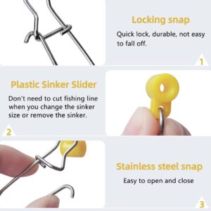 Tenalleys 40Pcs Stainless Steel Fishing Line Sinker Slides Catfishing Rig with Duo Lock Snaps Heavy Duty Sinker Slider Swivel Snap Kit for Fishing Tackle (Yellow)