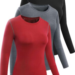 CADMUS Women's 3 Pack Running Compression Long Sleeve T Shirt,Black,Grey,Red,Small