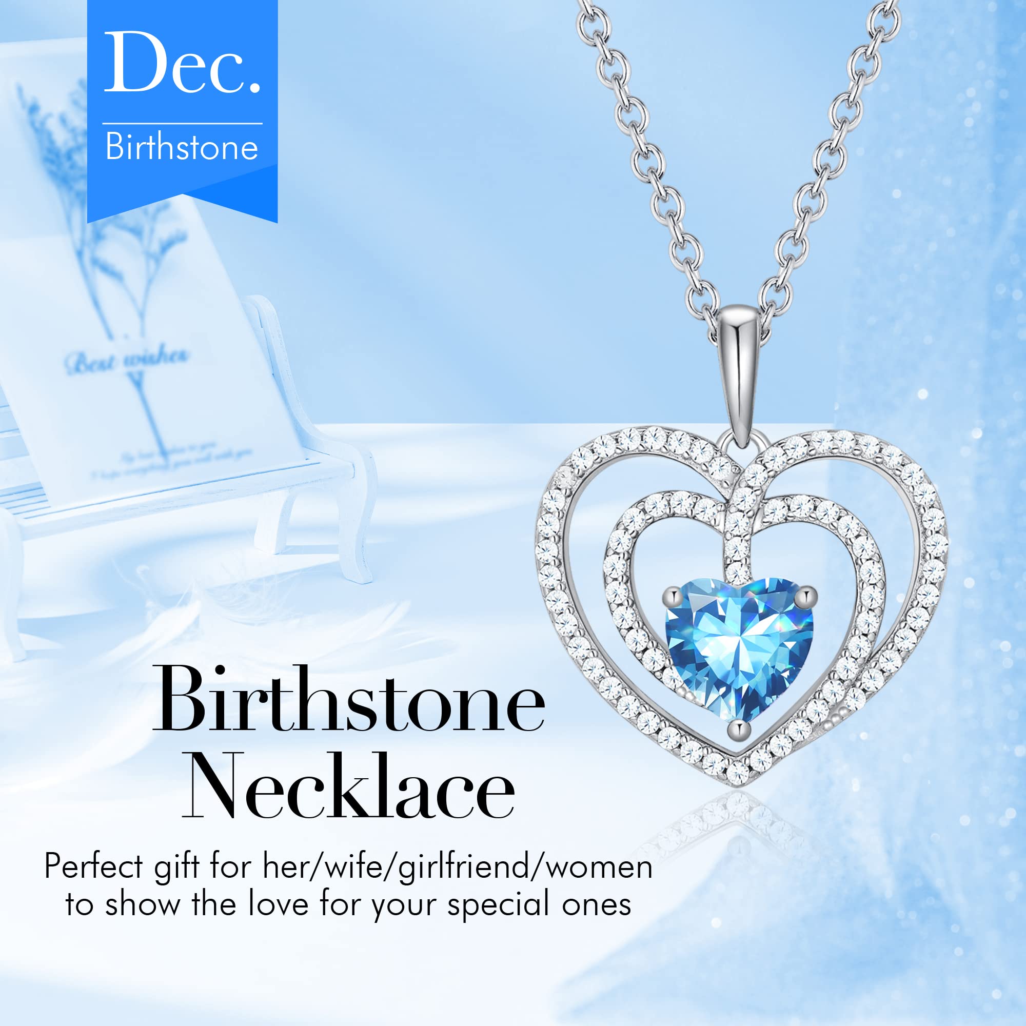 Gloffery 925 Sterling Silver Birthstone Heart Cut Halo CZ Pendant Necklaces for Women (Heart, Dec)