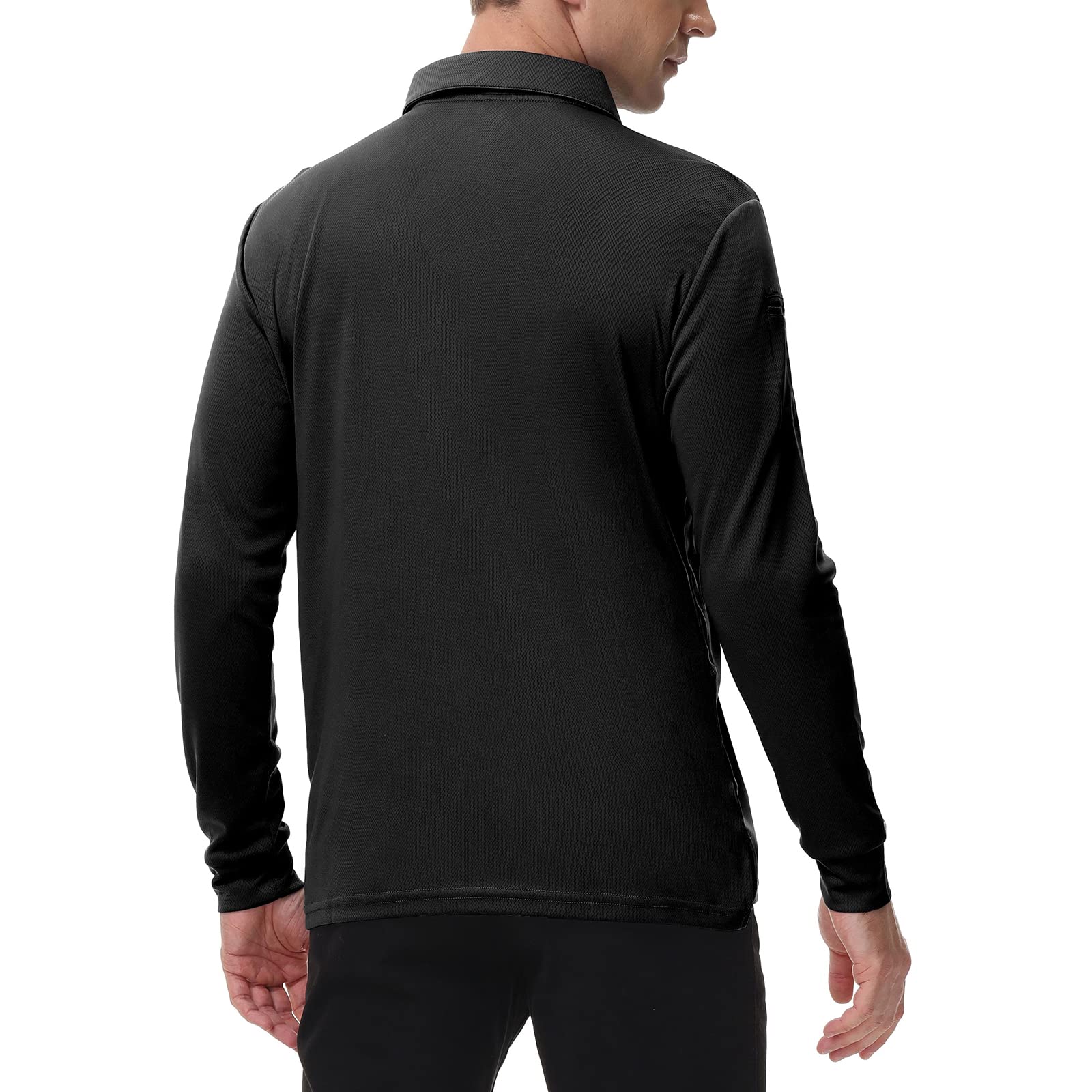 Mens Mositure Wicking Sun Protection Long Sleeve Polo Shirt BLACK-4XL