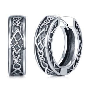 Viking Hoop Earrings 925 Sterling Silver Carving Earrings Black Vintage Hoop Earrings for Men Women