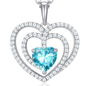 Gloffery 925 Sterling Silver Birthstone Heart Cut Halo CZ Pendant Necklaces for Women (Heart,Mar)