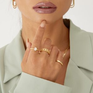 KissYan Gold Ring Set for Women, 14K Gold Plated Stackable Open Knuckle Finger Rings Chunky Twisted Signet Band Rings Adjustable Dainty Jewelry Gifts(06)