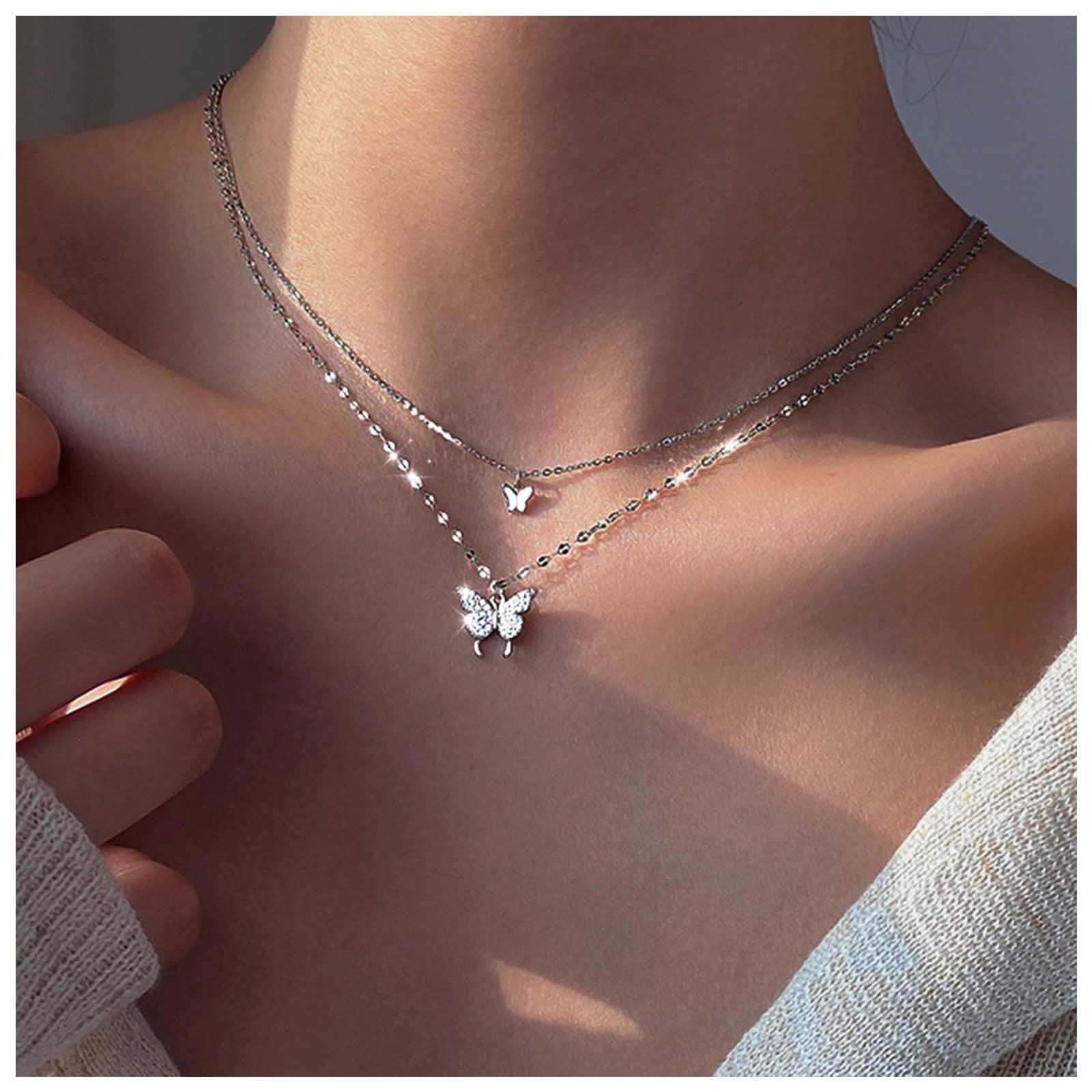 Allereyae Vintage Layered Crystal Butterfly Necklace Rhinestone Butterfly Pendant Necklace Double Butterfly Choker Necklace Silver Lace Chain Necklace Jewelry for Women