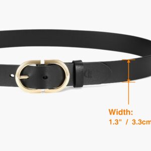 CR Womens Black Leather Belts for Jeans Pants - 1.3" Width Casual Ladies Belt - Fashion Center Bar Gold Buckle