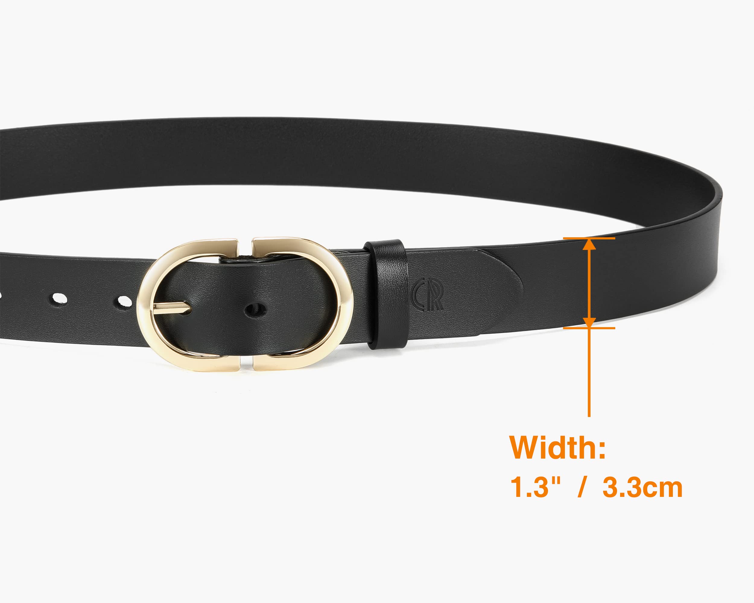 CR Womens Black Leather Belts for Jeans Pants - 1.3" Width Casual Ladies Belt - Fashion Center Bar Gold Buckle