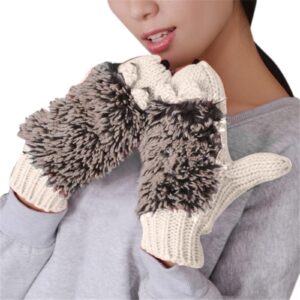 Women's Knitted Warm Mittens Cute Cartoon Animal Gloves Winter Fleece Thicken Gloves (White, One Size)