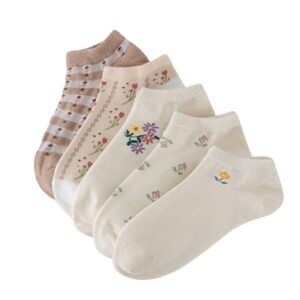 WDIRARA Women's 5 Pairs Floral Print Striped Cute Socks Casual Ankle Crew Socks Multicolor one-size