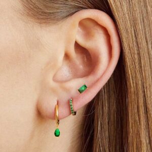 Gold Huggie Earrings for Women Emerald Green Earrings 14k Gold Cartilage Tiny Small Gold Hoop Earrings Emerald Drop Stud Earring Set Women