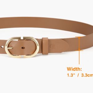 CR Womens Brown Leather Belts for Jeans Pants - 1.3" Width Casual Ladies Tan Belt - Fashion Center Bar Gold Buckle