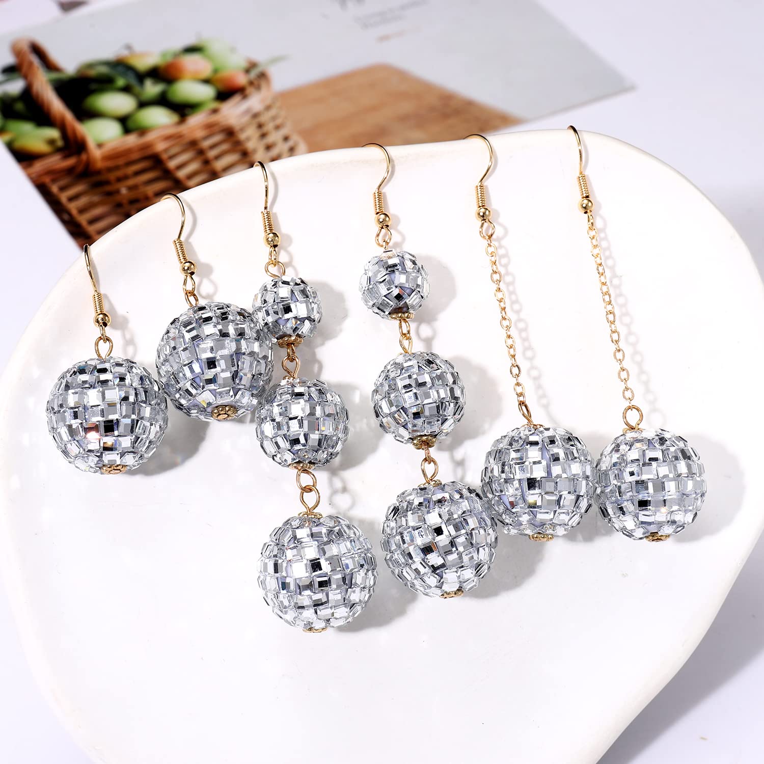 YAHPERN 3Pairs Disco Ball Earrings for Women, 60s 70s Outfits Costume Accessory, Statement Dance Party Mirror Ball Dangle Earrings Halloween Holiday Gifts (Silver)