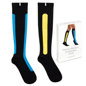 Ostrichpillow Bamboo Compression Socks for Women Men - Improve Circulation, Reduce Swelling, Odor-Free, Reinforced Heel & Toe (US, Alpha, Small, Regular, Regular, Blue Azure & Yellow Moss)