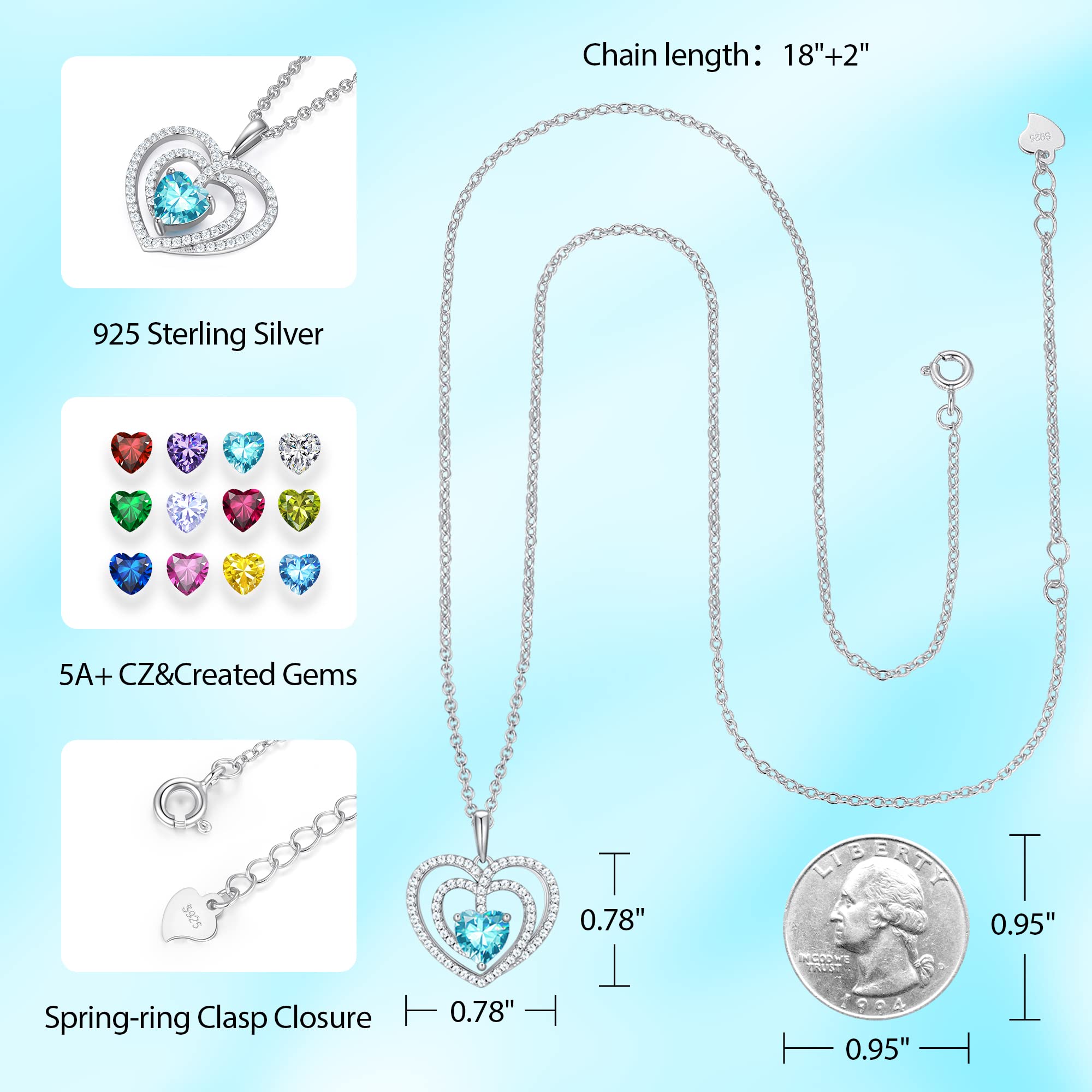 Gloffery 925 Sterling Silver Birthstone Heart Cut Halo CZ Pendant Necklaces for Women (Heart,Mar)