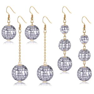 YAHPERN 3Pairs Disco Ball Earrings for Women, 60s 70s Outfits Costume Accessory, Statement Dance Party Mirror Ball Dangle Earrings Halloween Holiday Gifts (Silver)