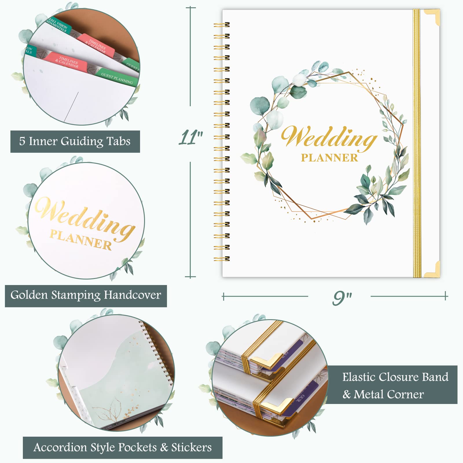 Wedding Planner - Wedding Planner Book and Organizer for the Bride with 5 Tabbed Sections, 12" x 9", Hardcover with Metal Corner + 5 Inner Pockets + Sticker + Elastic Closure Band