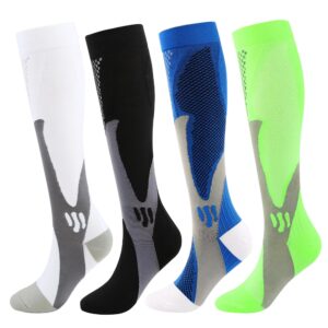 Kickticks Compression Socks 4 Paris for Women & Men 20-30mmhg Knee High Circulation Support for Running Nurse Sport Kinesio Function(Black/Blue/White/Green, S/M)