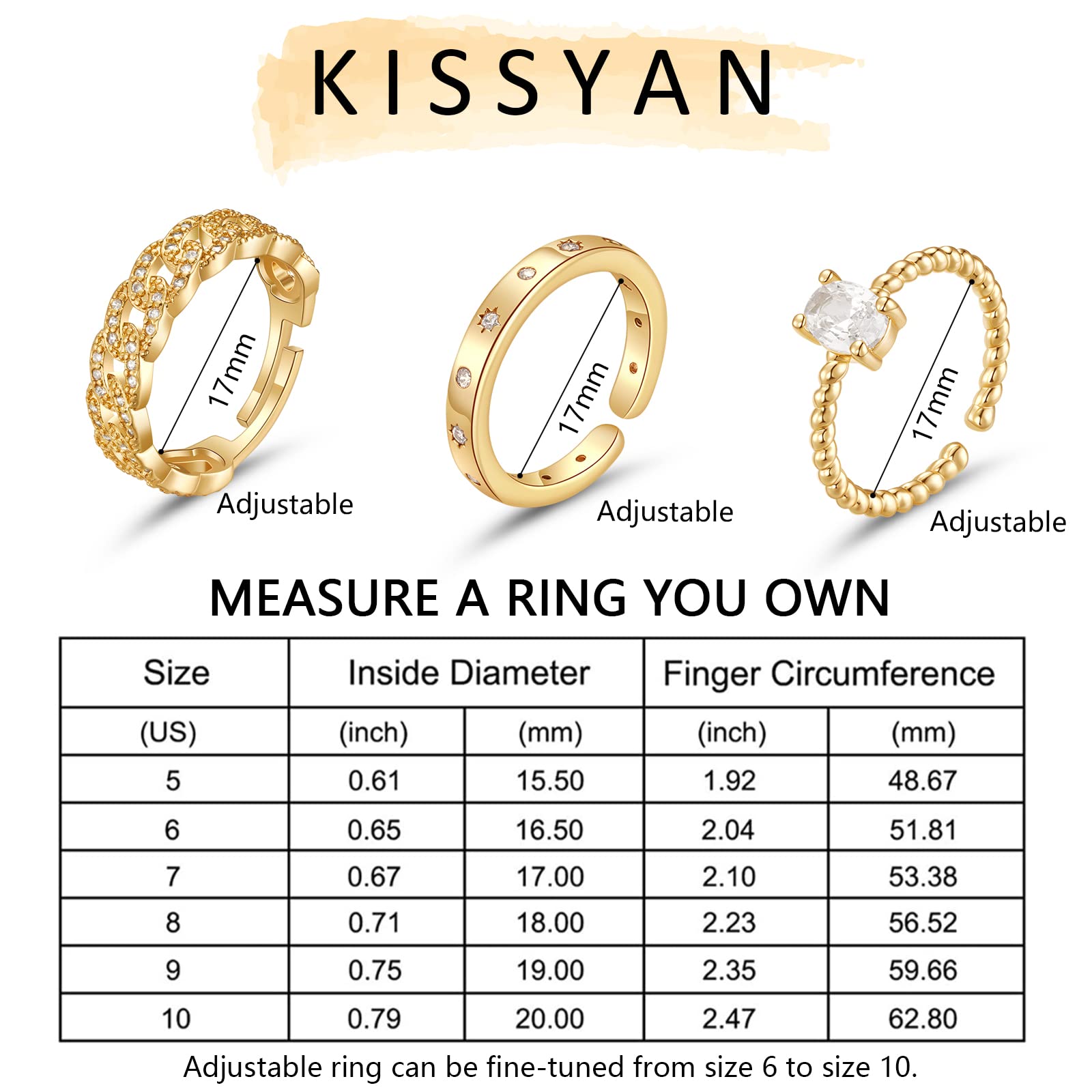 KissYan Gold Ring Set for Women, 14K Gold Plated Stackable Open Knuckle Finger Rings Chunky Twisted Signet Band Rings Adjustable Dainty Jewelry Gifts(06)