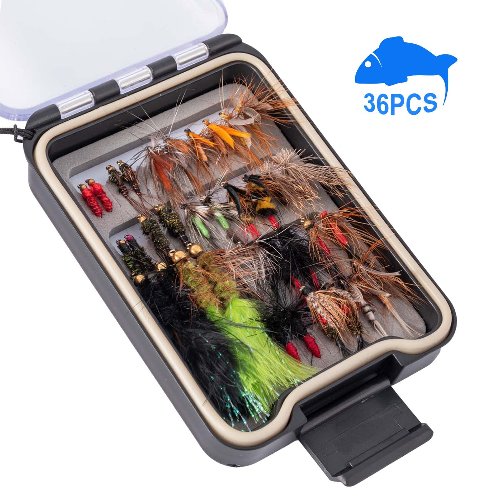 Ansnbo 36 pcs Fly Fishing Flies Kit, Hand Tied Trout Bass Fly Assortment with Fly Box, Dry Wet Nymph Flies Streamers Fly Fishing Gear