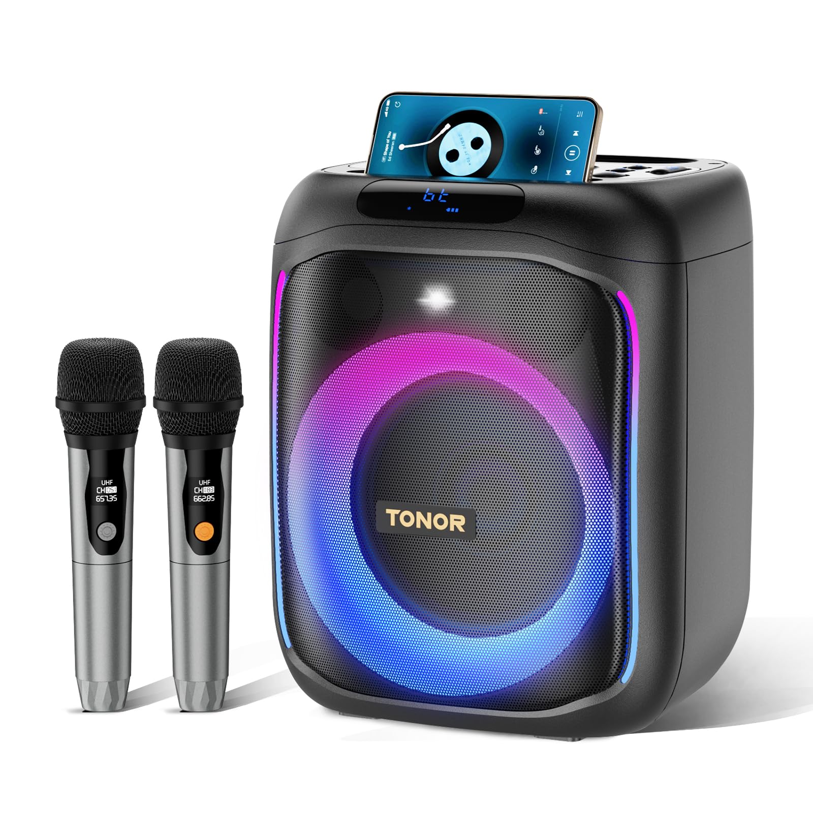 TONOR Karaoke Machine for Adults, Portable Bluetooth Singing PA Speaker System with 2 Wireless Microphones and RGB LED Lights, Supports BT/AUX/USB/TF Card for Party, Home Karaoke, Outdoor/Indoor K6