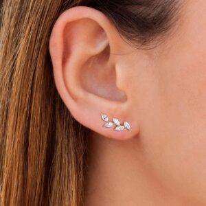 TIGRADE Stud Earrings Marquise Cubic Zirconia Rhinestone Crawler Style Wedding Earrings 925 Sterling Silver Post Hypoallergenic for Women, Brides, Bridesmaid, Silver