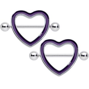 body candy 14g nipple piercing jewelry stainless steel 2pc purple heart glow barbell nipple shield 3/4"