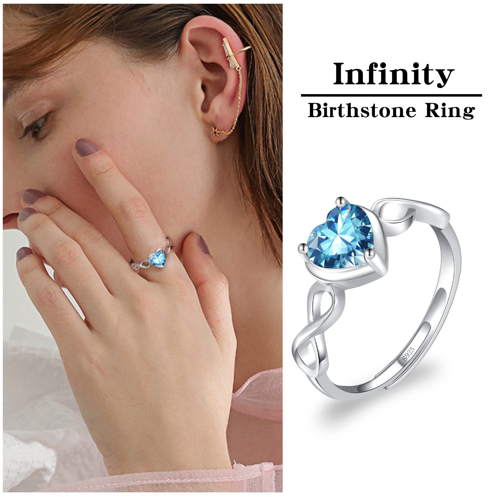 Shysnow Aquamarine Birthstone March Ring for Women Infinity Promise Ring 925 Sterling Silver Adjustable Open Light Blue Heart Cubic Zirconia Dainty Simulated Gemstone Wedding Rings for Mothers