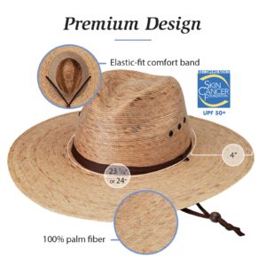 Wallaroo Hat Company Men’s Baja Fedora – Natural Wide Brim Straw Hat with Chin Strap and UPF 50+ Sun Protection – Sun-Smart Straw Hat for Gardening, Travel and Casual Outings (Medium/Large, Camel)