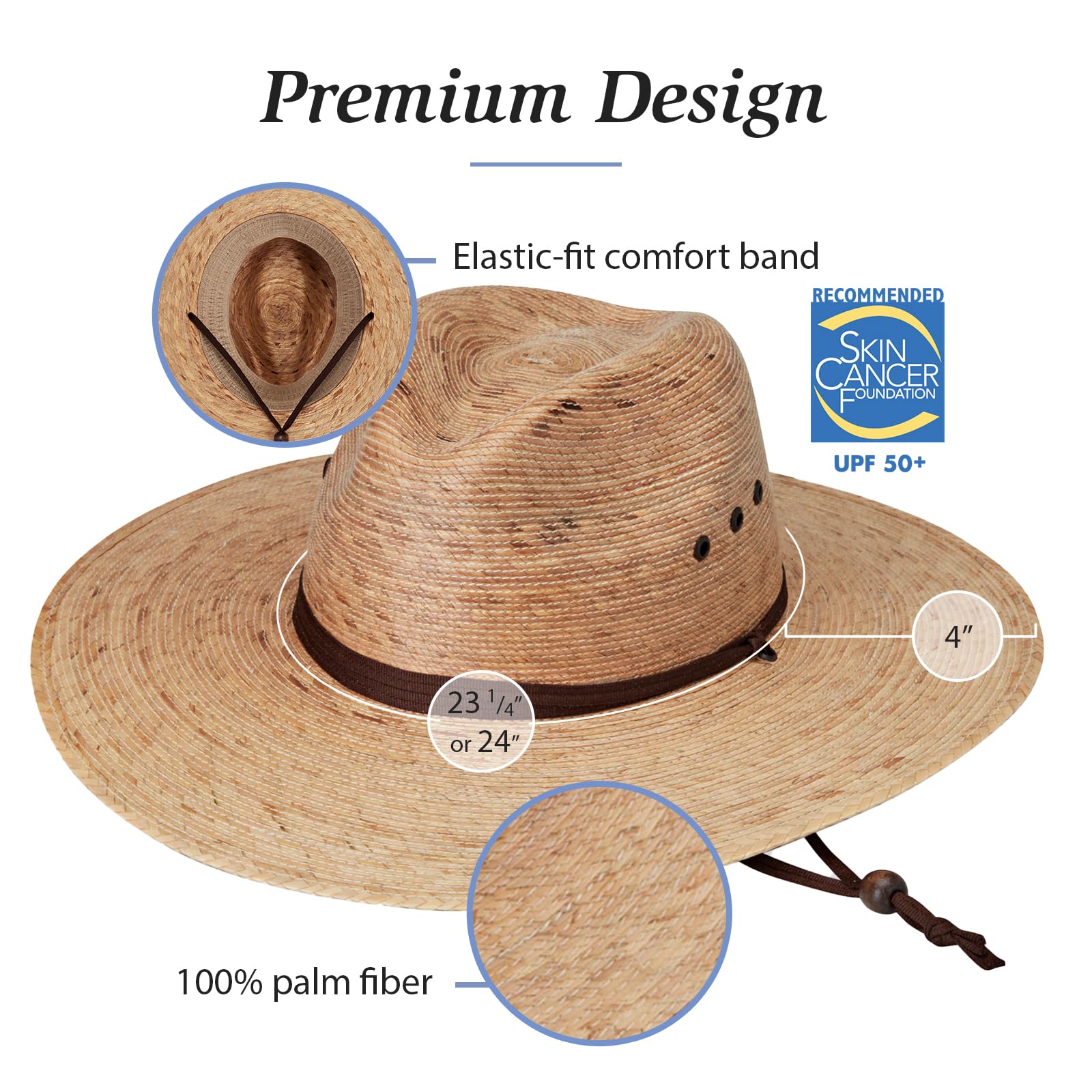 Wallaroo Hat Company Men’s Baja Fedora – Natural Wide Brim Straw Hat with Chin Strap and UPF 50+ Sun Protection – Sun-Smart Straw Hat for Gardening, Travel and Casual Outings (Medium/Large, Camel)