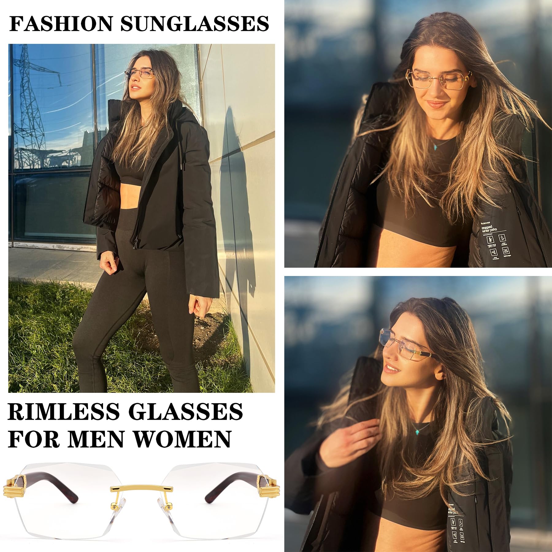 COASION Fashion Rimless Frameless Sunglasses for Women Men Y2k Retro Sun Glasses Square Tinted Glasses (Gold/Transparent)