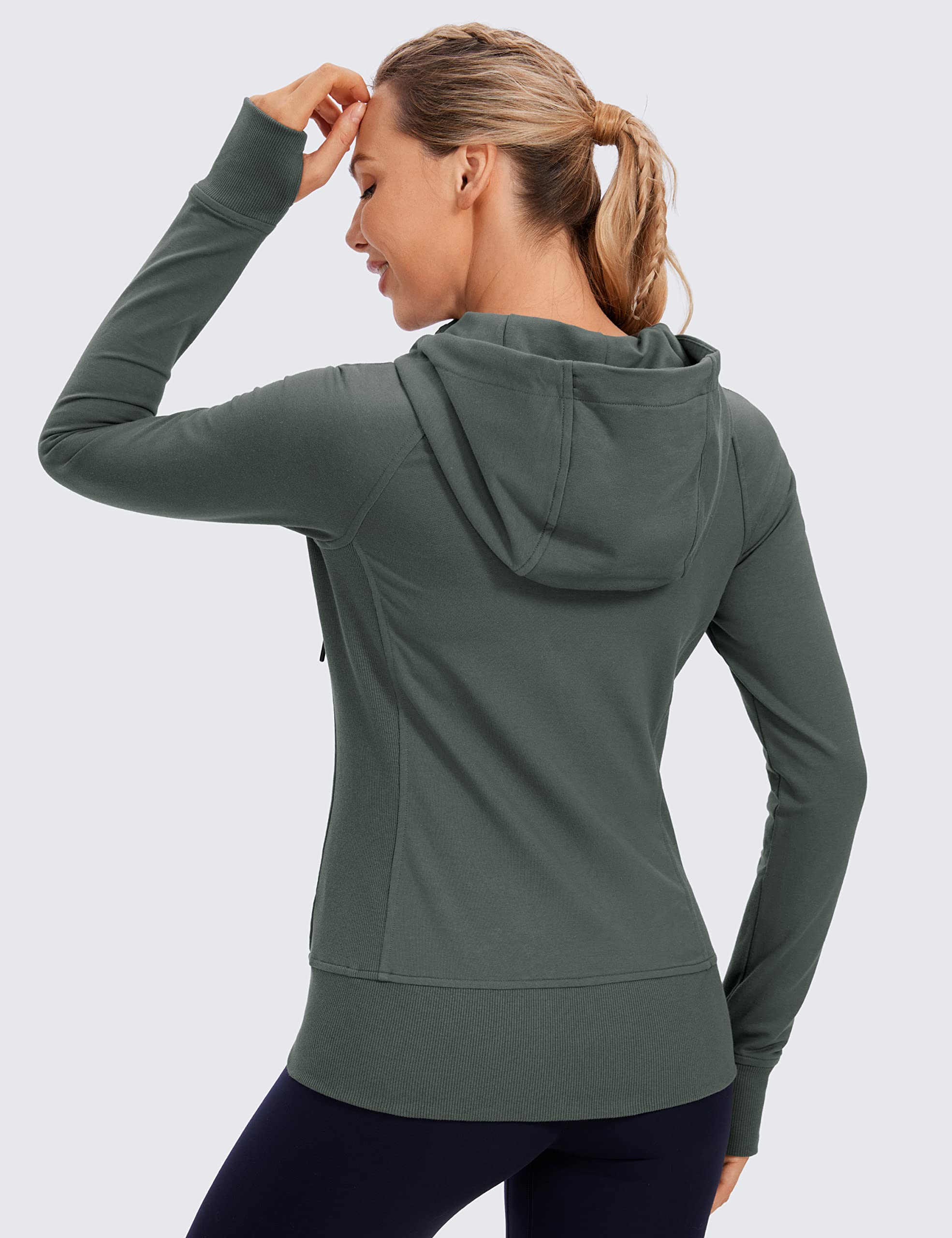 CRZ YOGA Women's Full Zip Hooded Sweatshirts Workout Sweat Jackets Slim Fit Running Track Hoodies with Thumbholes Grey Sage Medium