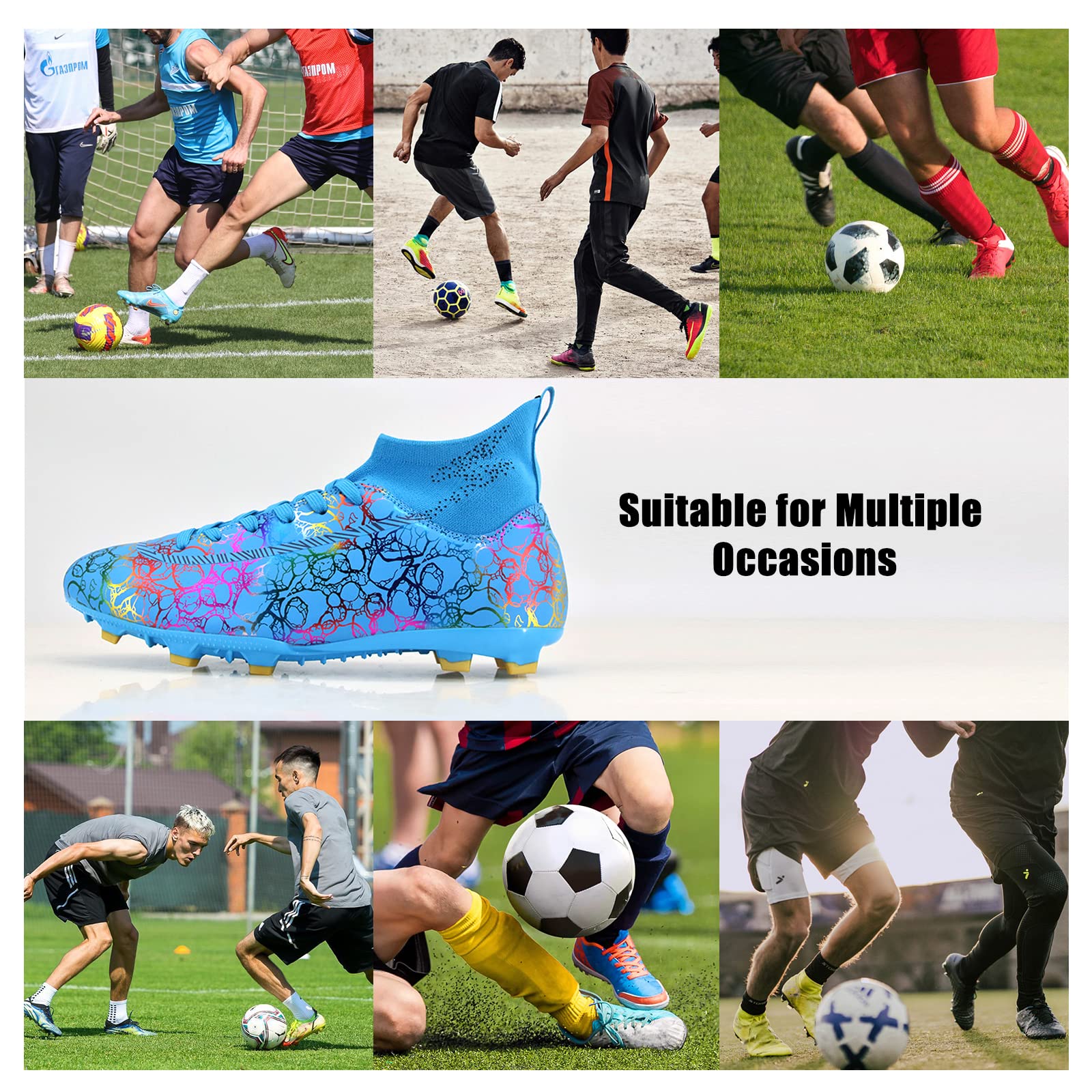 Juzecx Men Cleats Women Football Boots FG/AG Soccer Shoes High-Top Firm Ground Turf Athletic Lightweight Breathable Professional Shoes Blue 11 Women/10 Men