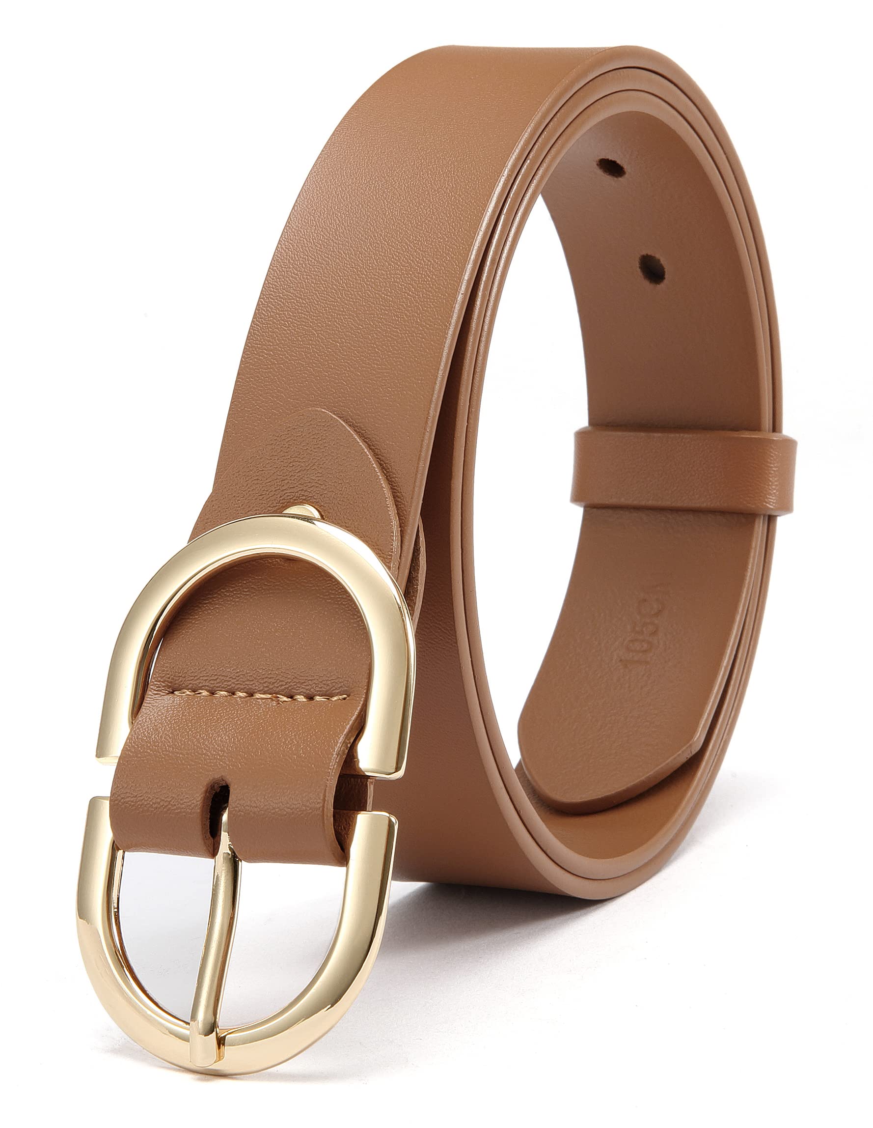 CR Womens Brown Leather Belts for Jeans Pants - 1.3" Width Casual Ladies Tan Belt - Fashion Center Bar Gold Buckle