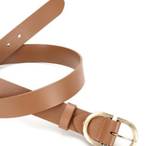 CR Womens Brown Leather Belts for Jeans Pants - 1.3" Width Casual Ladies Tan Belt - Fashion Center Bar Gold Buckle