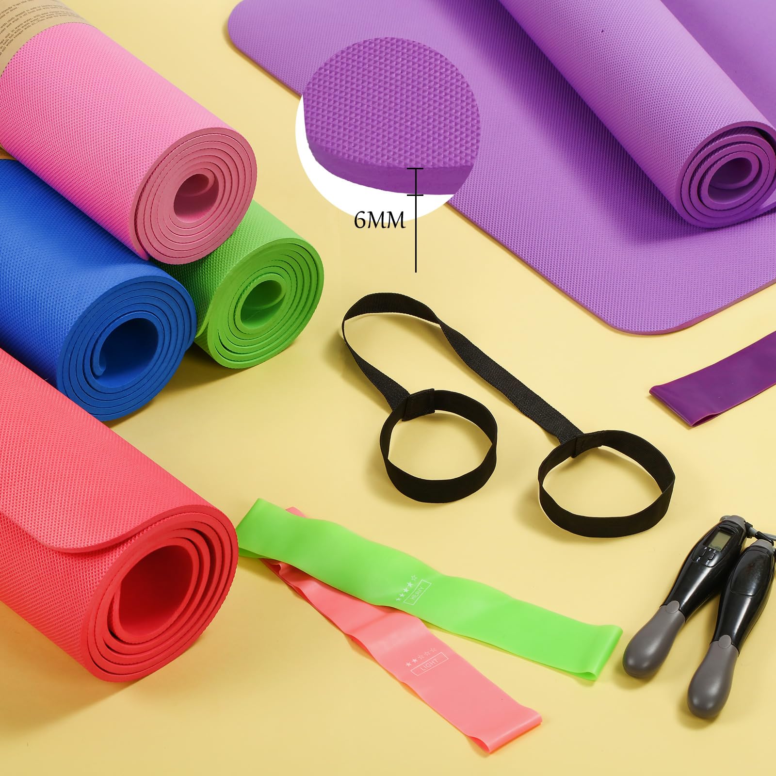 Hoolerry 36 Pcs Thick Yoga Mats Set Includes 12 Pcs 68” x 24” x 6mm Thick Exercise Mat 12 Pcs Resistance Bands 12 Pcs Carrying Straps Yoga Mats in Bulk for Gym Workout(Bright Colors)