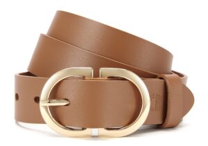 cr womens brown leather belts for jeans pants - 1.3" width casual ladies tan belt - fashion center bar gold buckle