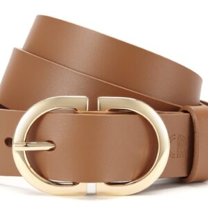 CR Womens Brown Leather Belts for Jeans Pants - 1.3" Width Casual Ladies Tan Belt - Fashion Center Bar Gold Buckle