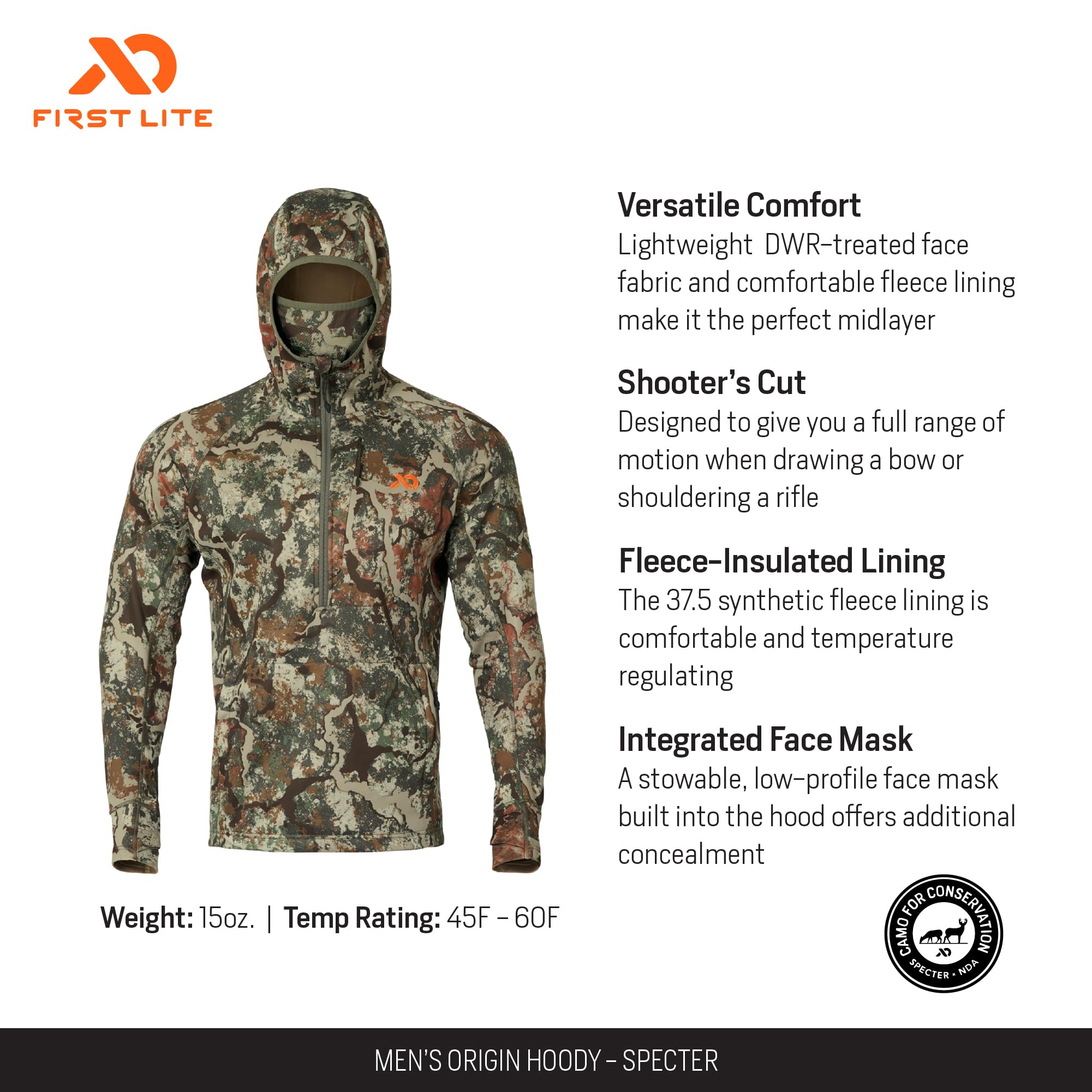 First Lite Men’s Origin Hoody - Lightweight Fleece Insulated Camo Hunting Fleece Pullover - First Lite Typha - Medium