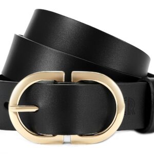 CR Womens Black Leather Belts for Jeans Pants - 1.3" Width Casual Ladies Belt - Fashion Center Bar Gold Buckle