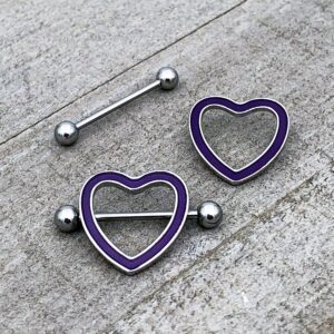 Body Candy 14G Nipple Piercing Jewelry Stainless Steel 2Pc Purple Heart Glow Barbell Nipple Shield 3/4"