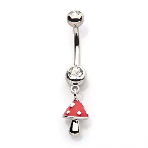 Pierced Owl 14GA 316L Stainless Steel CZ Crystal with Dangling Red Enamel Mushroom Belly Button Ring