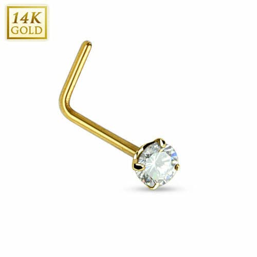 20G 14 Karat Solid Yellow Gold 14K L BEND Prong Set CZ Fishtail Stud Nose Ring Style 88888-1910