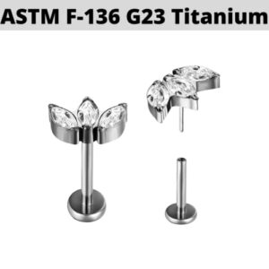 16G 5/16" G23 TITANIUM THREADLESS PUSH IN 3-MARQUISE FAN CZ TRAGUS LABRET STUD Style 88888-1750