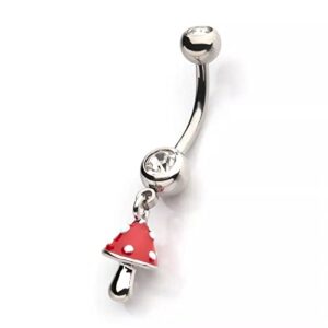 Pierced Owl 14GA 316L Stainless Steel CZ Crystal with Dangling Red Enamel Mushroom Belly Button Ring