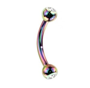 pair 16g 3/8" rainbow titanium steel double cz gem curved barbell eyebrow ring style 88888-1031