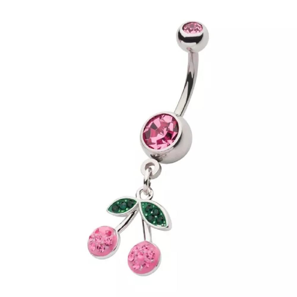 Pierced Owl 14GA 316L Stainless Steel CZ Crystal Pink Cherry Dangling Belly Button Ring