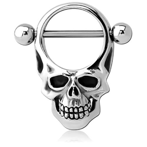 PAIR 14G 3-D PUNK SKULL NIPPLE SHIELD RING NIPPLERINGS STEEL PIERCING BARBELLS Style 88888-987