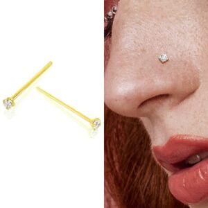 PAIR 18G LONG 3/4" GOLD PRONG SET CZ GEM STEEL NOSE RINGS PIN BEND TO FIT STUDS Style 88888-957